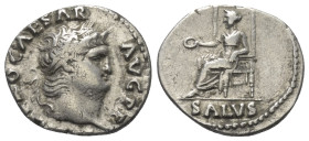 Nero (54 - 68 n. Chr.).

 Denar (Silber). 67 - 68 n. Chr. Rom.
Vs: IMP NERO CAESAR AVG P P. Kopf mit Lorbeerkranz rechts.
Rs: SALVS. Salus mit Pat...