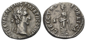 Nerva (96 - 98 n. Chr.).

 Denar (Silber). 97 n. Chr. Rom.
Vs: IMP NERVA CAES AVG P M TR P II COS III P P. Kopf mit Lorbeerkranz rechts.
Rs: LIBER...