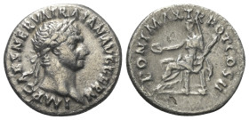 Traianus (98 - 117 n. Chr.).

 Denar (Silber). 98 n. Chr. Rom.
Vs: IMP CAES NERVA TRAIAN AVG GERM. Kopf mit Lorbeerkranz rechts.
Rs: PONT MAX TR P...