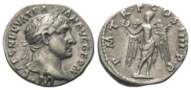 Traianus (98 - 117 n. Chr.).

 Denar (Silber). 101 - 111 n. Chr. Rom.
Vs: IMP CAES NERVA TRAIAN AVG GERM. Kopf mit Lorbeerkranz rechts.
Rs: P M TR...