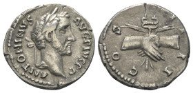 Antoninus Pius (138 - 161 n. Chr.).

 Denar (Silber). 139 n. Chr. Rom.
Vs: ANTONINVS AVG PIVS P P. Kopf mit Lorbeerkranz rechts.
Rs: TR P COS II. ...