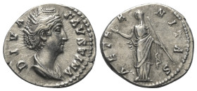 Faustina I. (gest. 141 n. Chr.). Diva Faustina I.

 Denar (Silber). Nach 141 n. Chr. Rom.
Vs: DIVA FAVSTINA. Drapierte Büste rechts.
Rs: AETERNITA...