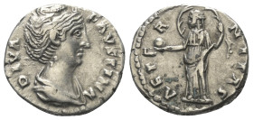 Faustina I. (gest. 141 n. Chr.). Diva Faustina I.

 Denar (Silber). Nach 141 n. Chr. Rom.
Vs: DIVA FAVSTINA. Drapierte Büste rechts.
Rs: AETERNITA...