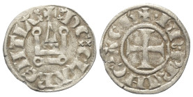 Achaia - Fürstentum. Karl II. (1285 - 1289).

 Denar (Silber).
Vs: + K R PRINC' ACh. Kreuz.
Rs: + DE CLARENTIA. Stilisiertes Kastell.

18 mm. 0,...