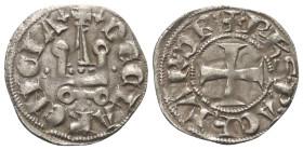 Achaia - Fürstentum. Philipp von Tarent, Despot der Romania (1306 - 1313).

 Denar (Silber).
Vs: + PhS P ACh TAR DR. Kreuz.
Rs: + DE CLARENCIA. St...
