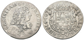 Mecklenburg-Schwerin - Herzogtum. Christian I. Ludwig (1658 - 1692).

 2/3 Taler = Gulden (Silber). 1678. Ratzeburg.
Vs: Geharnischte Büste rechts....