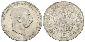 Kaisertum Österreich (1804 - 1918). Franz Joseph I. (1848 - 1916).

 5 Kronen (Silber). 1909.
Vs: Kopf rechts.
Rs: Bekrönter doppelköpfiger Adler ...