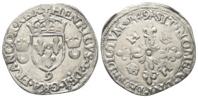 Frankreich. Königreich. Heinrich II. (1547 - 1559).

 Douzain aux croissants (Silber). 1549. Rennes.
Vs: + HENRICVS. 2. DEI. GRA. FRANCOR. REX. Bek...