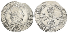 Frankreich. Königreich. Heinrich III. (1574 - 1589).

 1/4 Franc (Silber). 1587 A. Paris.
Vs: + HENRICVS III D G FRAN ET POL REX. Lorbeer- und Küra...