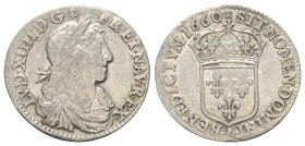 Frankreich. Königreich. Ludwig XIV. (1643 - 1715).

 5 Sols = 1/12 d'Écu (Silber). 1660 A. Paris.
1/12 Écu au buste juvénile.

Vs: LVD. XIIII. D....