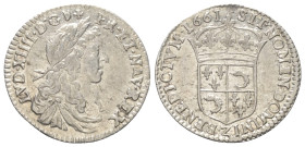 Frankreich. Königreich. Ludwig XIV. (1643 - 1715).

 5 Sols = 1/12 d'Écu (Silber). 1661 I. Limoges.
1/12 Écu àu delphin.
Vs: Jugendliche Büste rec...