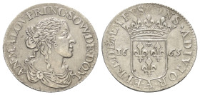 Frankreich. Fürstentümer. Dombes. Anne-Marie-Louise de Bourbon (1650 - 1693).

 5 Sols = 1/12 d'Écu (Luigino, Silber). 1665.
Vs: Büste rechts.
Rs:...