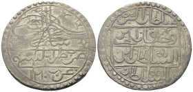 Osmanen. Selim III. (1203 - 1222 H. / 1789 - 1807).

 2 1/2 Kurush (= 100 Para, Silber). 1210 H. Trablus Garb (Tripoli, Lybien).
Vs: Tugra, Münzstä...