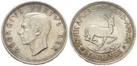 Südafrika (Britische Kolonie). George VI. (1936 - 1952).

 5 Shilling (Silber). 1948.
Vs: Kopf links.
Rs: Sprinkbock rechts.

38,5 mm. 28,34 g. ...