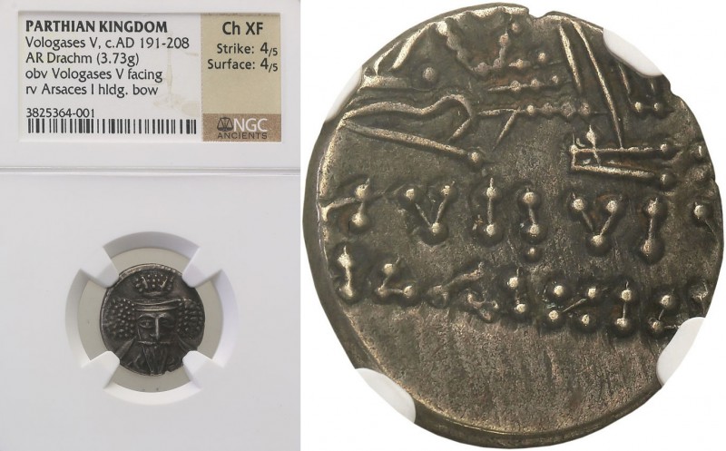 Greece, Parthia. Vologases V (191-208 AD), AR-drachma NGC Ch XF

Aw.: Głowa kr...