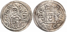 Boleslaw IV Kędzierzawy (1146-1173). Denar 1146-1157

Aw: Książę z mieczem na kolanach siedzący na tronie na wprostRw: Głowa w prostokątnej ramcePię...