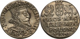 Sigismund III Vasa. Trojak (3 grosze) 1601, Cracow

Na awersie głowa króla zwrócona w prawo, u dołu rewersu litera K rozdziela pełną datę.Piękny egz...