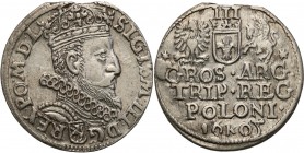 Sigismund III Vasa. Trojak (3 grosze) 1605, Cracow

Głowa króla zwrócona w prawo. Odmiana z odwróconą cyfrą 5 w dacie. Rzadsza moneta.Egzemplarz z k...
