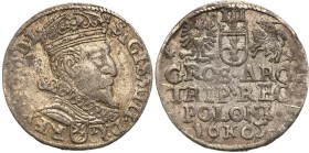 Sigismund III Vasa. Trojak (3 grosze) 1605, Cracow

Głowa króla zwrócona w prawo. Odmiana z odwróconą cyfrą 5 w dacie. Rzadsza moneta.Połysk w tle, ...