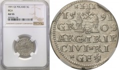 Sigismund III Vasa. Trojak (3 grosze) 1591, Riga NGC AU55

Odmiana z dwukropkiem między literami D-GPięknie zachowana moneta. Połysk, doskonale zach...