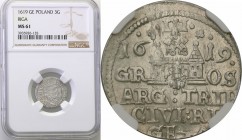 Sigismund III Vasa. Trojak (3 grosze) 1619, Riga NGC MS61

Ostatni rocznik bicia monety trzygroszowej w mennicy Wileńskiej. Rzadka i poszukiwana mon...