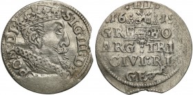 Sigismund III Vasa. Trojak (3 grosze) 1619, Riga duża głowa

Ostatni rocznik bicia monety trzygroszowej w mennicy Ryskiej. Odmiana z dużą głową król...