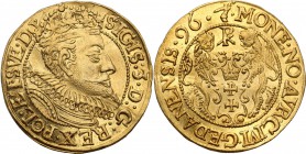 Sigismund III Vasa. Ducat (Dukaten) 1596 Danzig/ Gdansk (R5)

Aw.: Szerokie popiersie królewskie w zbroi ozdobionej maszkaronem z głową lwa z rozłoż...