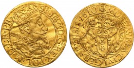 Sigismund III Vasa. Ducat (Dukaten) 1610, Danzig/ Gdansk (R5)

Aw.: Popiersie króla w prawo, w koronie i zbroi okrytej płaszczem związanym węzłem na...