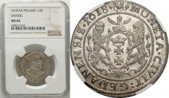 Sigismund III Vasa. Ort (18 groszy) 1618, Danzig/ Gdansk NGC MS64 (MAX)

Aw.: Popiersie w koronie i zbroi z wyłożonym krótkim koronkowym kołnierzem,...