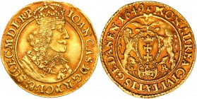 John II Casimir. Ducat (Dukaten) 1649, Danzig/ Gdansk

Aw.: Popiersie króla w prawo, w koronie i zbroi. Na piersi Order Złotego Runa. W otoku: IOAN ...