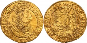 John II Casimir Ducat (Dukaten) 1657, Danzig/ Gdansk (R5)

Aw.: Popiersie króla w koronie i zbroi okrytej płaszczem, z Orderem Złotego Runa. W otoku...