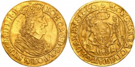 John II Casimir. Ducat (Dukaten) 1660, Danzig/ Gdansk

Aw.: Popiersie króla w prawo, w koronie i zbroi okrytej płaszczem. Na piersi Order Złotego Ru...