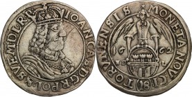 John II Casimir ort (18 groszy) 1662 Torun

Aw.: Popiersie króla w koronie i w zbroi okrytej płaszczem. Na piersi łańcuch Orderu Złotego Runa.W otok...