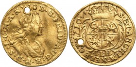 Augustus II the Strong. 1/4 Ducat (Dukaten) 1710, Dresden

Aw.: Popiersie króla w peruce i w płaszczu spiętym broszą na ramieniu. W otoku: D G FRID ...