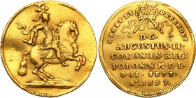 Augustus II the Strong. DwuDucat (Dukaten) koronacyjny 1697, Dresden

Aw.: Król August II na koniu, w stroju i hełmie rzymskim.Rw.: Pod koroną insyg...