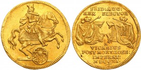 Augustus II the Strong. Ducat (Dukaten) wikariacki 1711, Dresden

Aw.: Insygnia królewskie i elektorskie z lewej oraz wikariackie z prawej, napis w ...