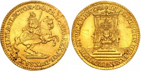 Augustus III the Sas. Ducat (Dukaten) 1741, Wikariat

Aw.: August III w stroju elektorskim na koniu, z mieczem w dłoni. W otoku: D G FRID AUG REX PO...