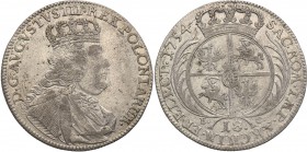 Augustus III the Sas. Ort (18 groszy) 1754 EC, Leipzig

Popiersie króla zazwyczaj występujące na tymfach.Delikatnie przetarte najwyższe elementy mon...
