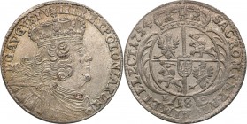 Augustus III the Sas. Ort (18 groszy) 1754, Leipzig

Szerokie, masywne popiersie króla. Pod broszą spinającą płaszcz trzy kropki.Ładnie wybity egzem...