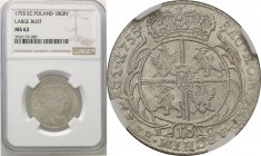Augustus III the Sas. Ort (18 groszy) 1755, Leipzig NGC MS62

Odmiana z szerokim popiersiem i broszą spinającą płaszcz króla złożoną z ośmiu pereł.M...