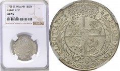 Augustus III the Sas. Ort (18 groszy) 1755, Leipzig NGC AU55

Odmiana z szerokim popiersiem i broszą spinającą płaszcz króla złożoną z ośmiu pereł.P...