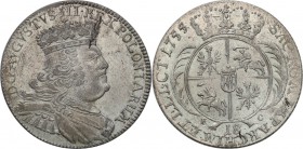 Augustus III the Sas. Ort (18 groszy) 1755, Leipzig

Węższe popiersie króla charakterystyczny dla rocznika 1756. Rzadka moneta. Dobrze zachowane det...