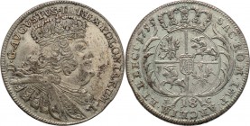 Augustus III the Sas. Ort (18 groszy) 1755, Leipzig

Buldogowate popiersie króla. Rzadszy typ monety.Delikatny połysk, złocista patyna, dobrej jakoś...
