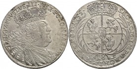 Augustus III the Sas. Ort (18 groszy) 1755 EC, Leipzig

Duże, masywne popiersie króla. Brosza płaszcza złożona z 8 kropek.Ładnie zachowane detale, d...