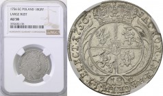 Augustus III the Sas. Ort (18 groszy) 1756, Leipzig NGC AU58

Odmiana z szerokim popiersiem i broszą spinającą płaszcz króla złożoną z ośmiu pereł.P...