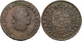 Stanislaus Augustus Poniatowski. Trojak (3 grosze) 1790 EB, Warsaw

Brązowa patyna, dobre detale.Iger WA.90.1.a 
Waga/Weight: 12,21 g Cu Metal: Śre...