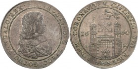 Riga. Taler (thaler) Karol XI (1660-1697), mennica Riga 1660

Aw.: Popiersie króla z gołą głową w zbroi okrytej płaszczem spiętym broszą na ramieniu...