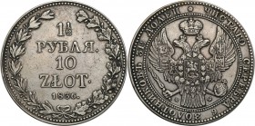 Poland XlX w. / Russia. 1 1/2Rubel (Rouble) = 10 zlotych 1836 MW, Warsaw

Aw.: Dwugłowy orzeł rosyjski pod carską koroną z małą tarczą z orłem polsk...