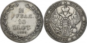 Poland XlX w. / Russia. 1 1/2Rubel (Rouble) = 10 zlotych 1836 НГ, Petersburg

Aw.: Dwugłowy orzeł rosyjski pod carską koroną z małą tarczą z orłem p...