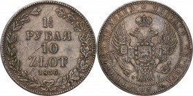Poland XlX w. / Russia. 1 1/2Rubel (Rouble) = 10 zlotych 1836 НГ, Petersburg

Aw.: Dwugłowy orzeł rosyjski pod carską koroną z małą tarczą z orłem p...